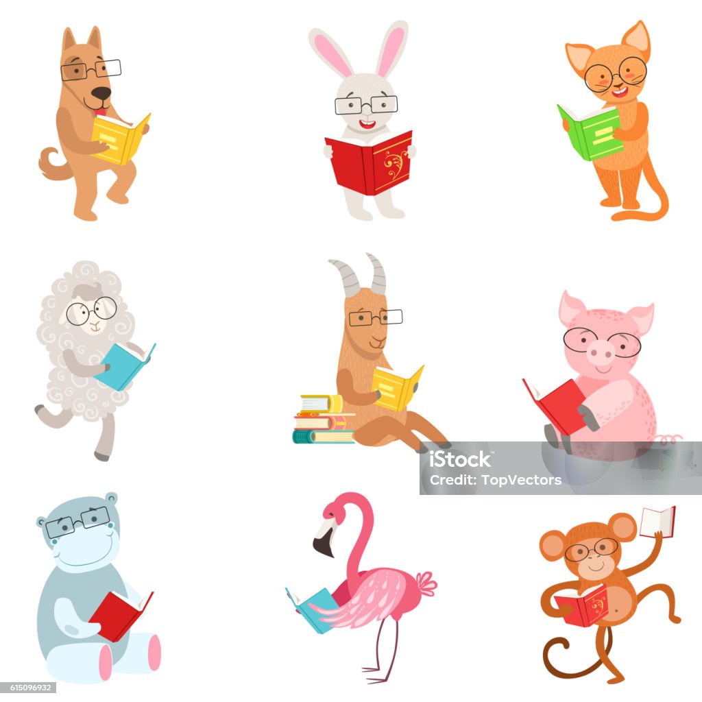 Funny Animal Characters Reading Books Set Stock Illustration - Download  Image Now - Pig, Sitting, Standing - iStock