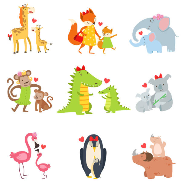 Small Animals And Their Moms Illustration Set Small Animals And Their Moms Illustration Set. Colorful Childish Style Cartoon Animals In Parent Child Pairs Isolated On White Background. koala walking stock illustrations
