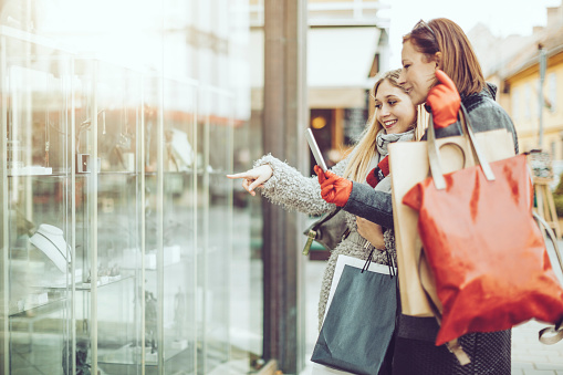 Woman, shopping, friendship, city, using phone, winter, fancy