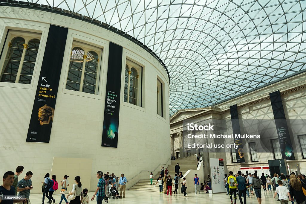 The British Museum London, United Kingdom - July 10, 2016: Tourists at the British Museum, picture taken from the interior British Museum Stock Photo