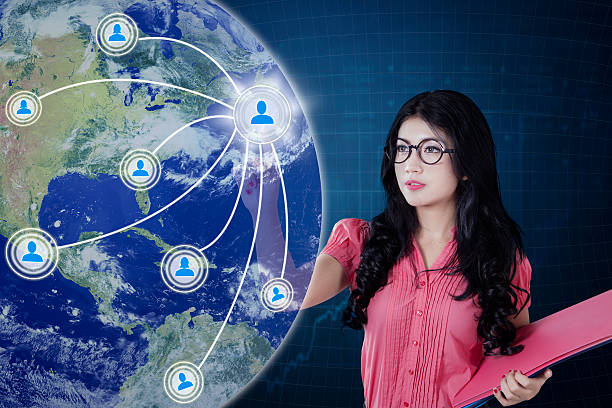istock Businesswoman touching social media button 615101158