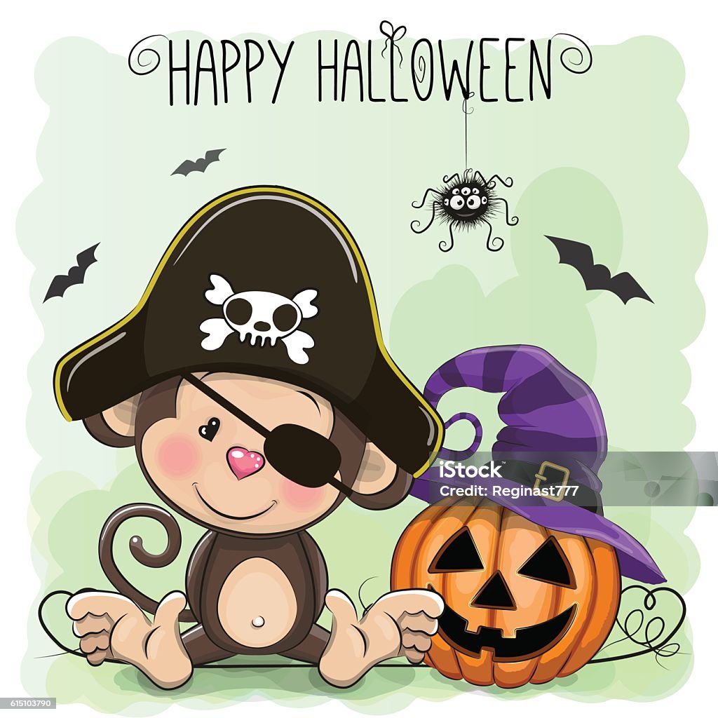 Halloween illustration of Cartoon Monkey Halloween illustration of Cartoon Duck in a Monkey hat and pumpkin Adult stock vector