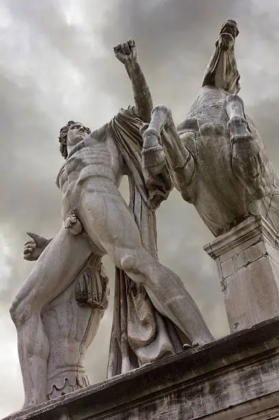 Close-up on one of the two Dioscuri statues in Rome, Italy