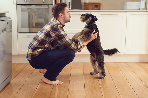 Shot of a man playing with his dog at home