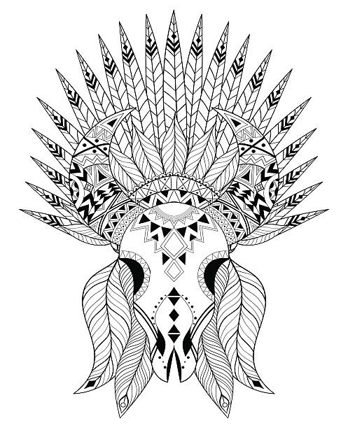 Animal Skull with warbonnet. Animal Skull with warbonnet. Hand drawn ethnic tattoo for adult coloring pages, art therapy, boho  t-shirt patterned print, posters, t-shirt. Vector isolated illustration. A4 size. war bonnet stock illustrations