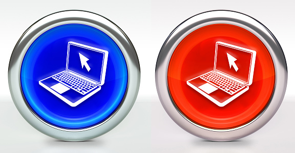 Laptop Icon on Button with Metallic Rim. The icon comes in two versions blue and red and has a shiny metallic rim. The buttons have a slight shadow and are on a white background. The modern look of the buttons is very clean and will work perfectly for websites and mobile aps.