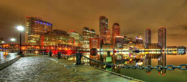 Boston Financial district panoramic viewed from Fan Pier Park