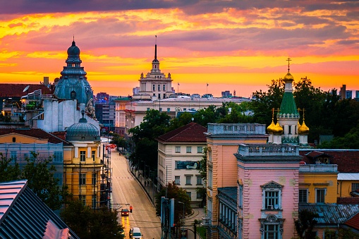 Sofia, capital of Bulgaria on a sunset, magnificent view from above over the historical buildings