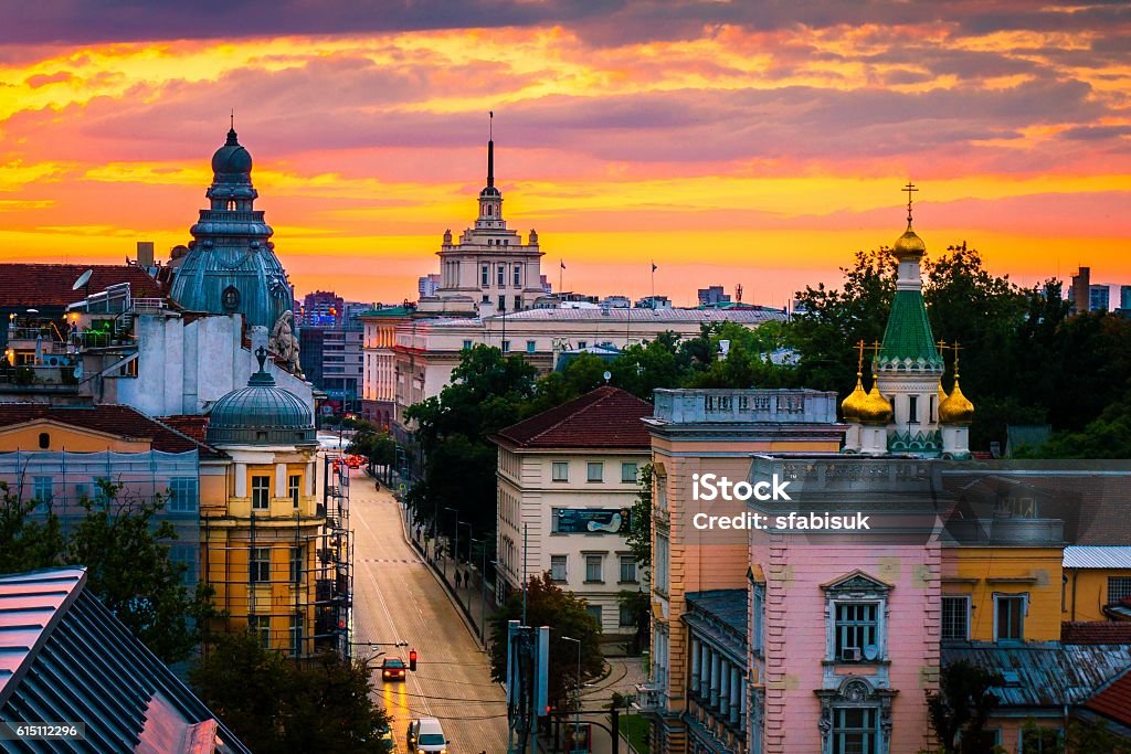 Sofia in Orange Sofia, capital of Bulgaria on a sunset, magnificent view from above over the historical buildings Bulgaria Stock Photo