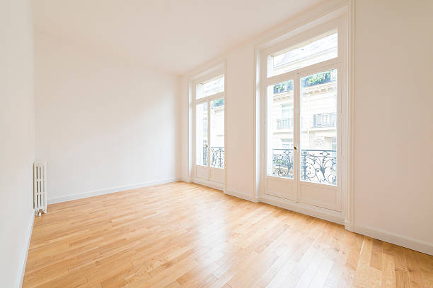 interior of empty room with parquet floor stock photo