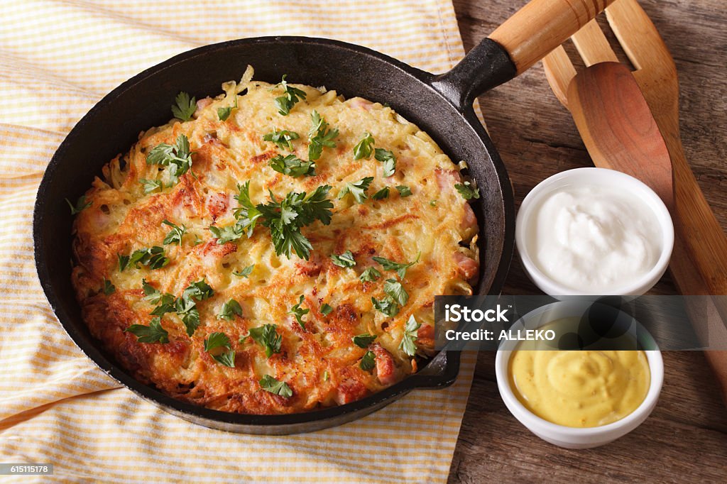 Fried Potato pancakes with herbs close-up in a pan. horizontal Fried Potato pancakes with herbs close-up in a pan on the table. horizontal Appetizer Stock Photo