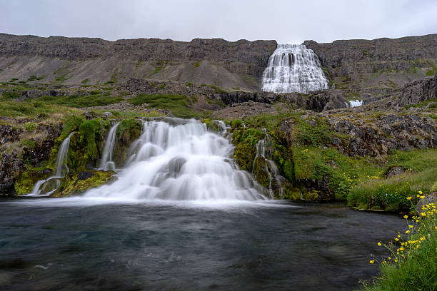Scenic view of famous Dynjandi waterfall. Wesfjord, Iceland. stock photo