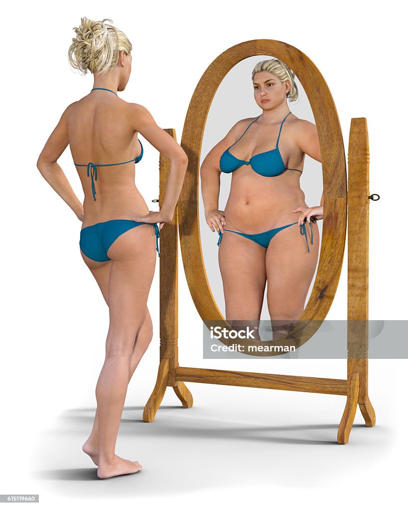 Fat Girl in the Mirror A slim young girl in a bikini looks into the mirror and sees an overweight, unhappy reflection looking back. Photorealistic 3D rendered image isolated against a white background Mirror - Object Stock Photo