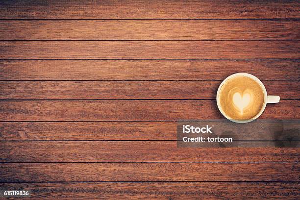 Latte Coffee On Table Wood Background With Space Stock Photo - Download Image Now - Top - Garment, Table, Looking At View