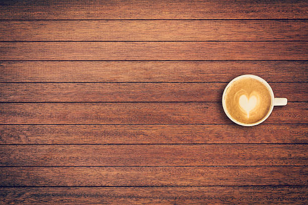 latte coffee on table wood background with space - coffee top view imagens e fotografias de stock
