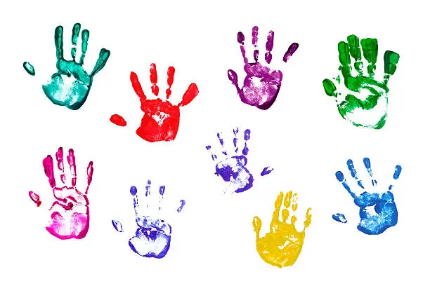 colorful handprints isolated on white background