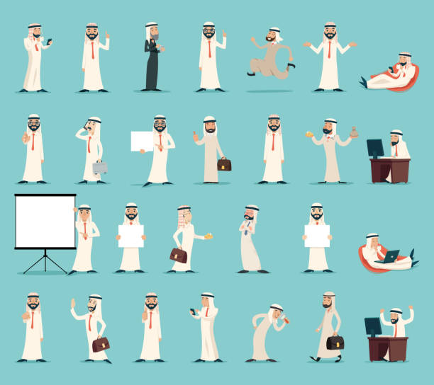 ilustrações de stock, clip art, desenhos animados e ícones de arab businessman character icons set retro vintage cartoon design vector - arabic characters