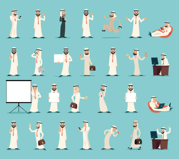 arab businessman character icons set retro vintage cartoon design vector - 卡塔爾 阿拉伯 幅插畫檔、美工圖案、卡通及圖標