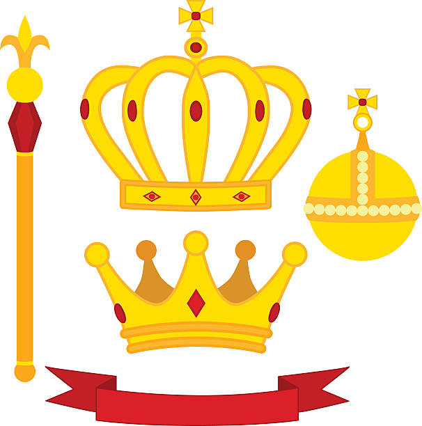 Heraldic symbols, monarch set. Royal traditions combination in flat style. Heraldic symbols, monarch set. Royal traditions combination. Two crowns, banner, the orb and the scepter. Flat isolated vector illustration. sceptre stock illustrations