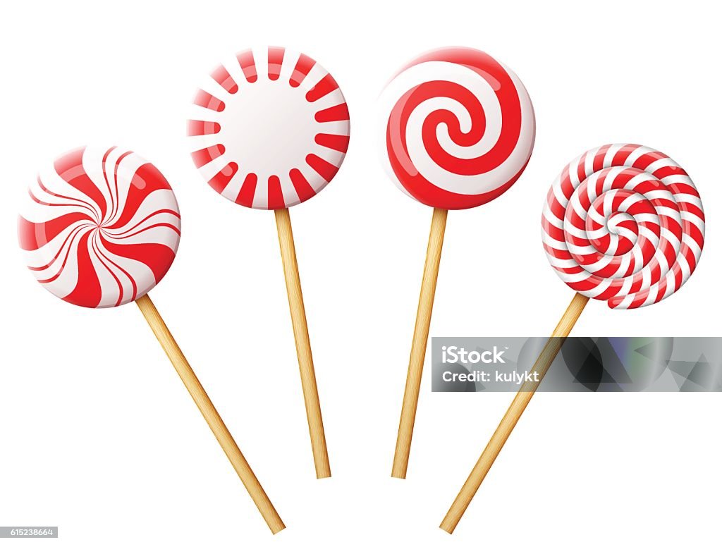 Set of christmas candy on wooden stick Striped peppermint lollipops isolated on white. Vector illustration for christmas, new years day, sweet-stuff, winter holiday, dessert, new years eve, etc Christmas stock vector