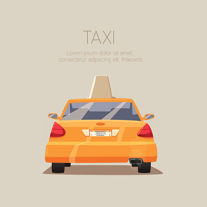 Taxi car. Vector cartoon illustration. Isolated background. American transport. Service. Back view. Modern auto Yellow cab