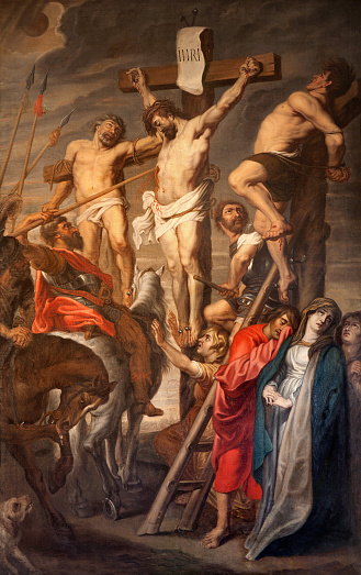 Ghen, Belgium - June 23, 2012: Ghent - Christ on the Cross between two Thieves by Pieter Pauwel Rubens (1619 a.d.) in Saint Peter church.
