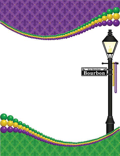 Mardi Gras Lamppost Frame A vector illustration of a Mardi Gras frame featuring a Bourbon Street lamp post, fleur de lis patterns and Mardi Gras beads. Objects are grouped and layered for easy editing. Files included: AI, EPS10 and Large High Res JPG. new orleans fleur de lis stock illustrations