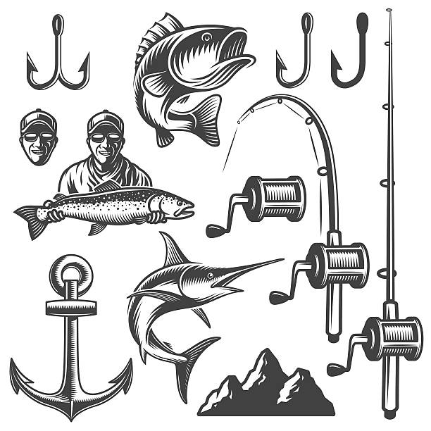 ilustraciones, imágenes clip art, dibujos animados e iconos de stock de conjunto de elementos de pesca monocromáticos - cebo ilustraciones