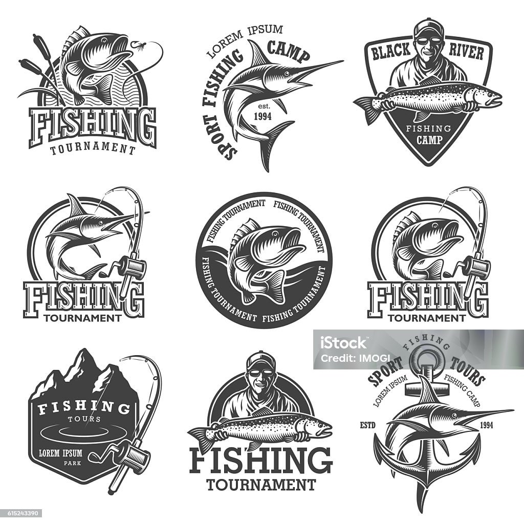 Conjunto de emblemas de pesca vintage - arte vectorial de Pescar libre de derechos