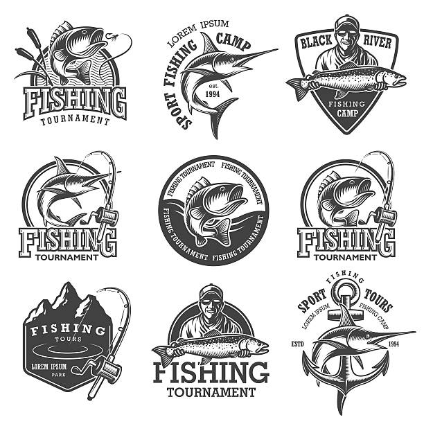 ilustraciones, imágenes clip art, dibujos animados e iconos de stock de conjunto de emblemas de pesca vintage - aparejo de pesca ilustraciones