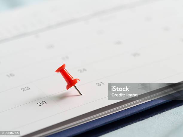 Red Pin Push On Day 31 End Month White Calendar Stock Photo - Download Image Now - Calendar, 30-34 Years, Deadline