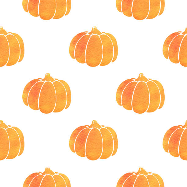 illustrazioni stock, clip art, cartoni animati e icone di tendenza di motivo con zucca acquerello arancione - pumpkin autumn pattern repetition