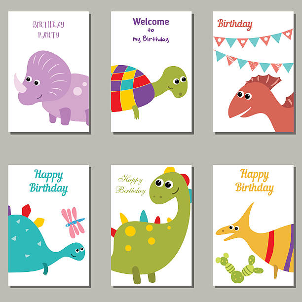 Collection of cute Birthday cards. Set of beautiful birthday invitation cards decorated with cute cartoon dinosaurs. dinosaur birthday stock illustrations