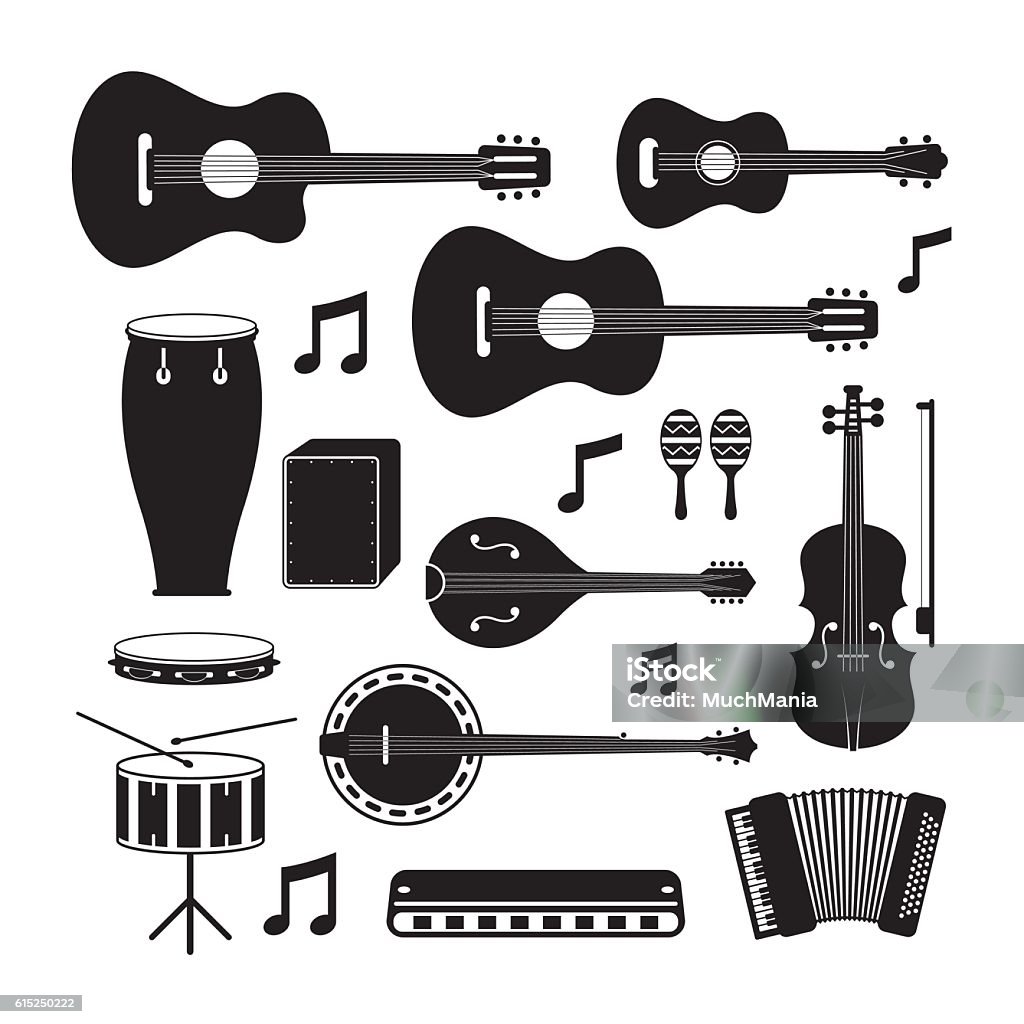 Music Instruments Acoustic Silhouette Objects Set Black and White Symbol and Icons Vector Guitar stock vector