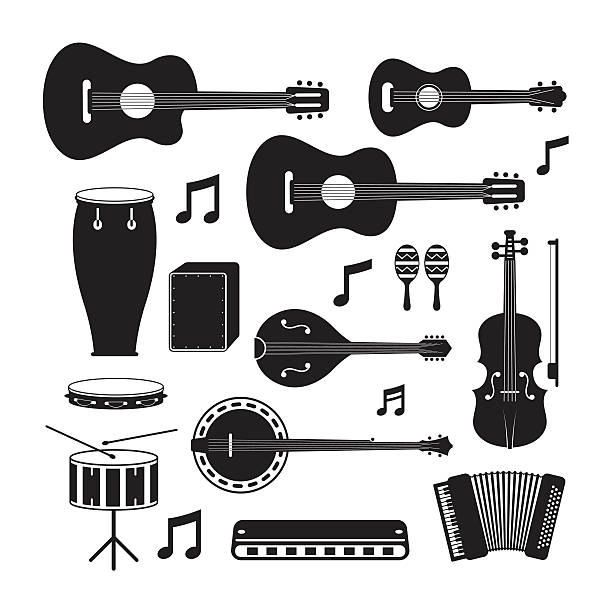 Music Instruments Acoustic Silhouette Objects Set Black and White Symbol and Icons Vector guitar silhouettes stock illustrations