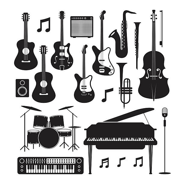 Jazz Music Instruments Silhouette Objects Set Black and White Symbol and Icons Vector bass guitar stock illustrations