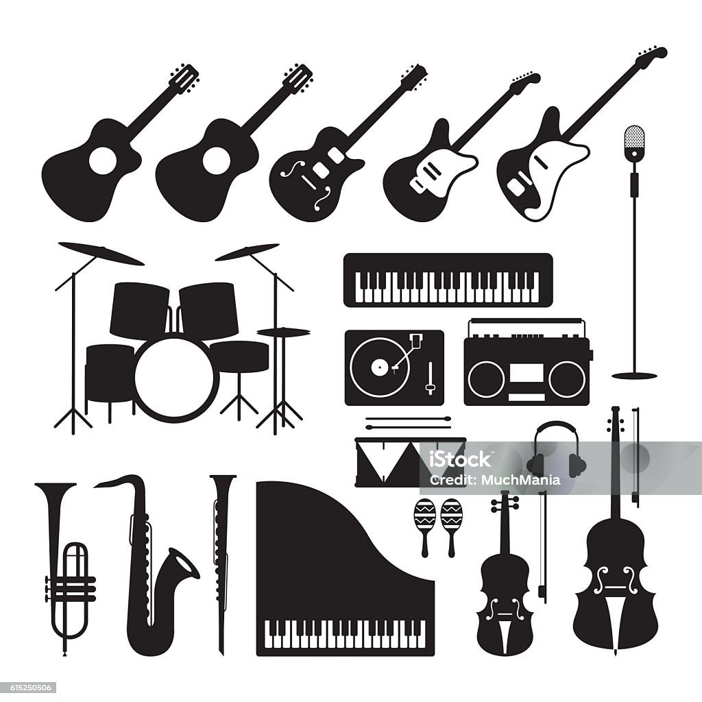 Music Instruments Silhouette Objects Set Black and White Symbol and Icons Vector Icon Symbol stock vector