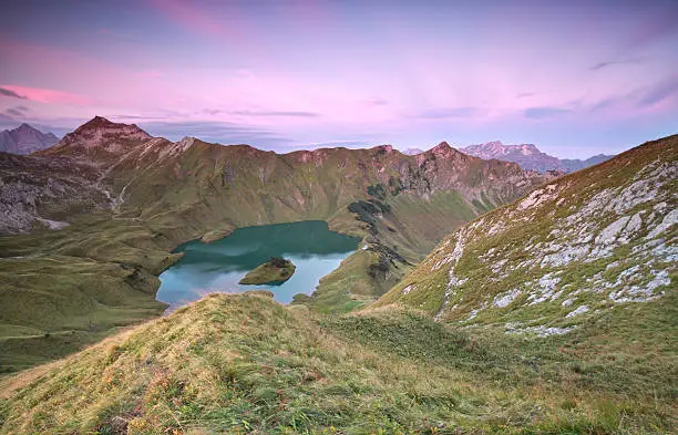 alpine lake Schtecksee at sunrise, view from mountaintop