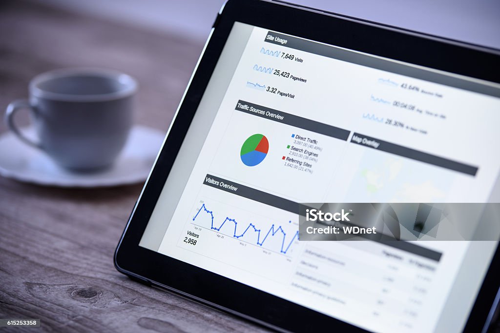 Modern digital marketing on the tablet in vintage style Charts and analytical data on the tablet screen with a cup of coffee on a wooden vintage table. Analyzing Stock Photo