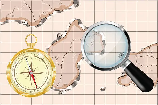 Vector illustration of Old map, golden compass and magnifying glass