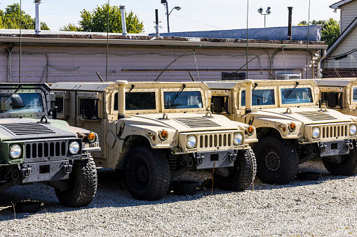 Kokomo, US - October 14, 2016: Humvee Multipurpose Vehicles lined up at the Indiana National Guard Armory I
