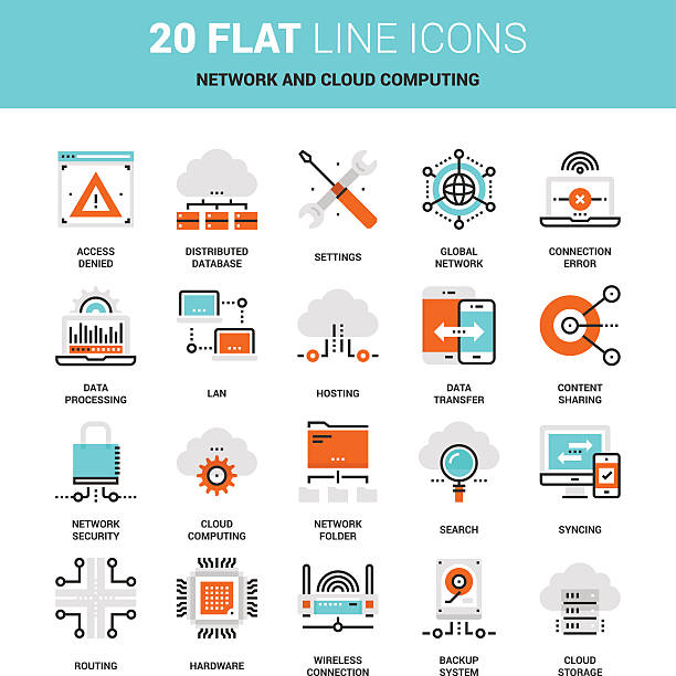 Network and Cloud Technology Vector set of network and data technology, cloud computing, flat line web icons. Illustration graphic design concepts. Modern flat line icon style. Symbols for mobile and web graphics. Logo concepts network connection plug illustrations stock illustrations