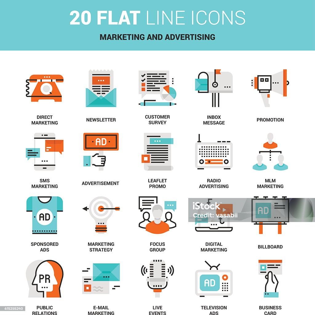 Marketing and Advertising Vector set of marketing and advertising, business technology flat line web icons. Illustration graphic design concepts. Modern flat line icon style. Symbols for mobile and web graphics. Logo concepts Marketing stock vector