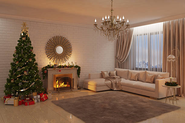 istock Christmas livingroom with fireplace, tree and presents 615257228