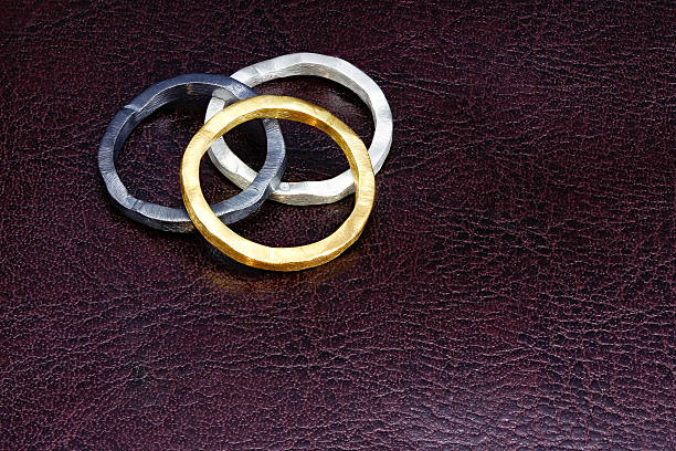 istock Silver and gold rings on leather 615259004
