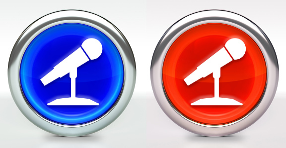 Microphone Icon on Button with Metallic Rim. The icon comes in two versions blue and red and has a shiny metallic rim. The buttons have a slight shadow and are on a white background. The modern look of the buttons is very clean and will work perfectly for websites and mobile aps.