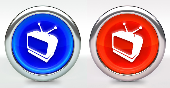 Television Icon on Button with Metallic Rim. The icon comes in two versions blue and red and has a shiny metallic rim. The buttons have a slight shadow and are on a white background. The modern look of the buttons is very clean and will work perfectly for websites and mobile aps.
