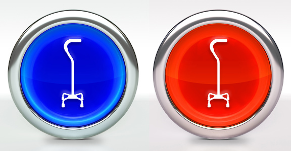 Walking Stick Icon on Button with Metallic Rim. The icon comes in two versions blue and red and has a shiny metallic rim. The buttons have a slight shadow and are on a white background. The modern look of the buttons is very clean and will work perfectly for websites and mobile aps.