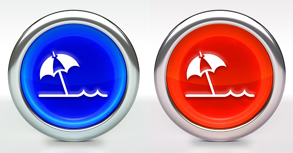 Beach Umbrella Icon on Button with Metallic Rim. The icon comes in two versions blue and red and has a shiny metallic rim. The buttons have a slight shadow and are on a white background. The modern look of the buttons is very clean and will work perfectly for websites and mobile aps.