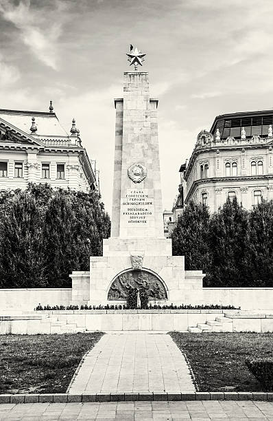 Soviet war memorial in Budapest, Hungary, black and white